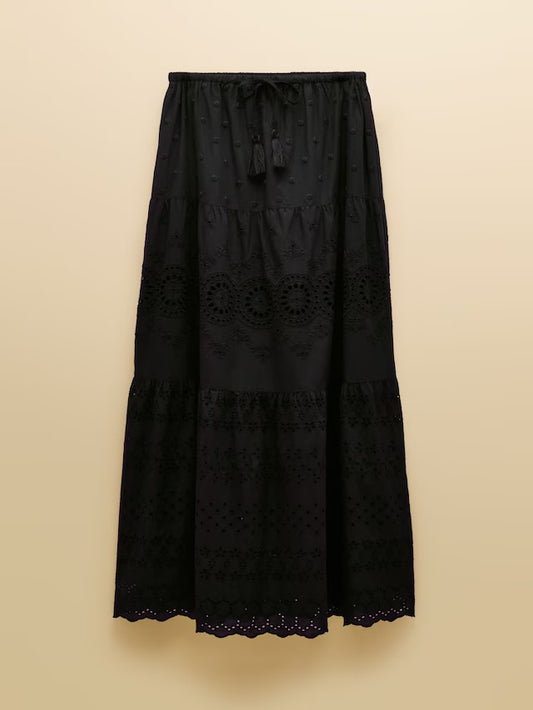 Joules Broderie Tiered Black Maxi Skirt