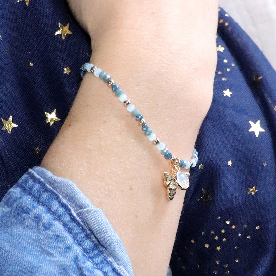 Aqua Crystal Bead Bracelet with Bee Charm
