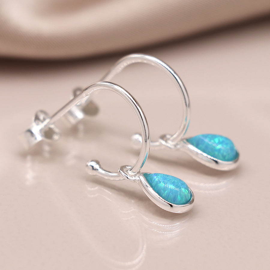 POM Sterling Silver Round Synth Blue Opal Teardrop Earrings