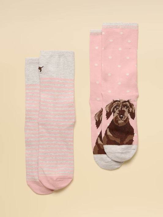 Joules Women's Everyday Pink & Grey Dog Cotton Blend Socks 2 Pack (size 4-8)
