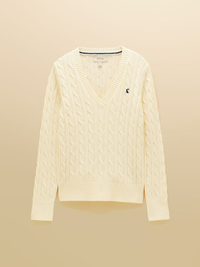 Joules Cream Classic V-Neck Cotton Cable Knit Jumper