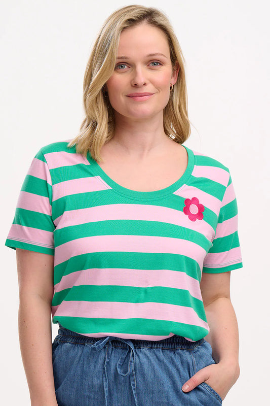 Sugarhill Sylvie Scoop Neck T-Shirt - Green/Pink, Stripe & Flower