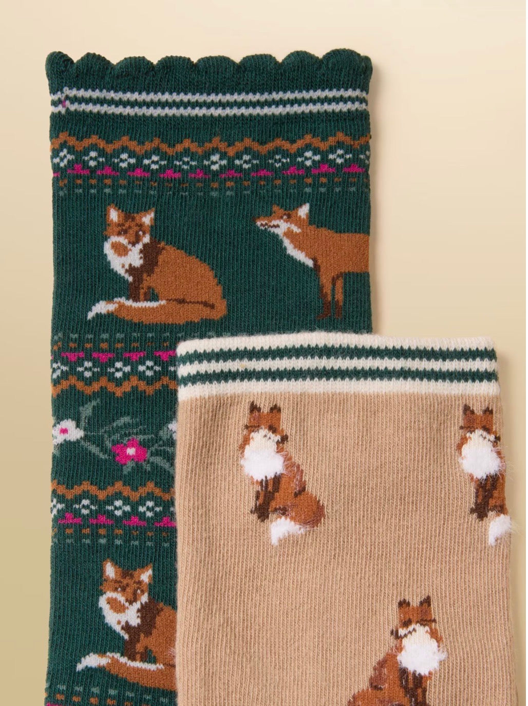 Joules Everyday Natural and Green Fox Cotton Blend Socks (two pack)