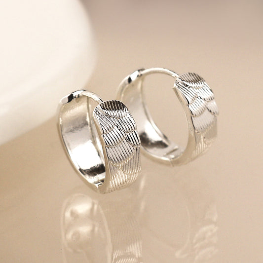 Silver Plated Scallop Embossed Huggie Hoops
