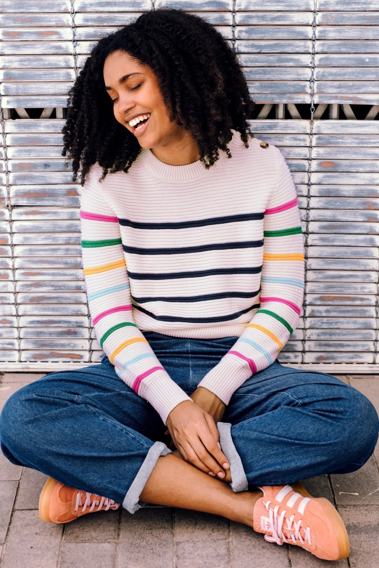 Sugarhill Rebecca Jumper - Off-white/navy, Classic Stripe Rainbow Sleeves