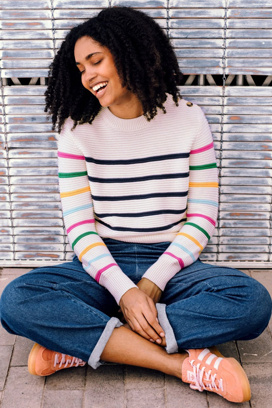 Sugarhill Rebecca Jumper - Off-white/navy, Classic Stripe Rainbow Sleeves