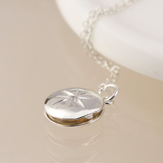 POM Sterling Silver Locket Pendant Necklace with Crystal Studded Star