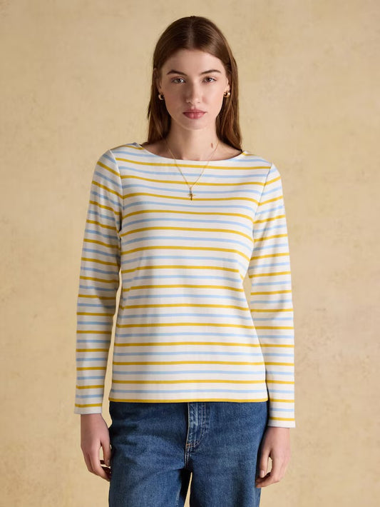 Joules Harbour Blue/Yellow Boat Neck Long Sleeve Breton Stripe Top