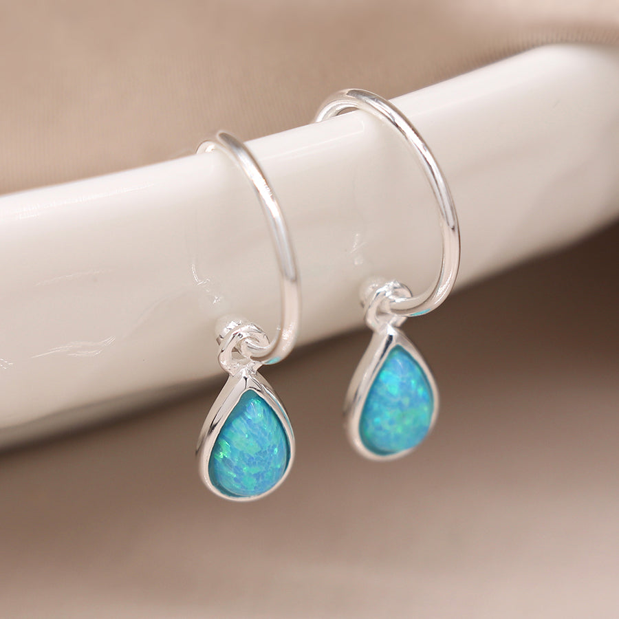 POM Sterling Silver Round Synth Blue Opal Teardrop Earrings