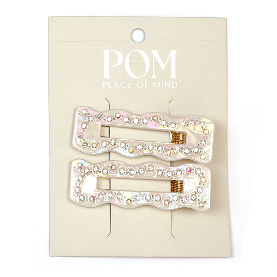 POM White Irridescent Diamante Studded Hair Slides 2 pack