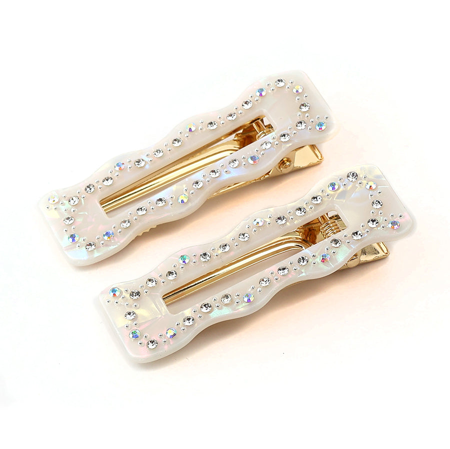 POM White Irridescent Diamante Studded Hair Slides 2 pack