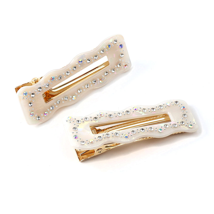 POM White Irridescent Diamante Studded Hair Slides 2 pack