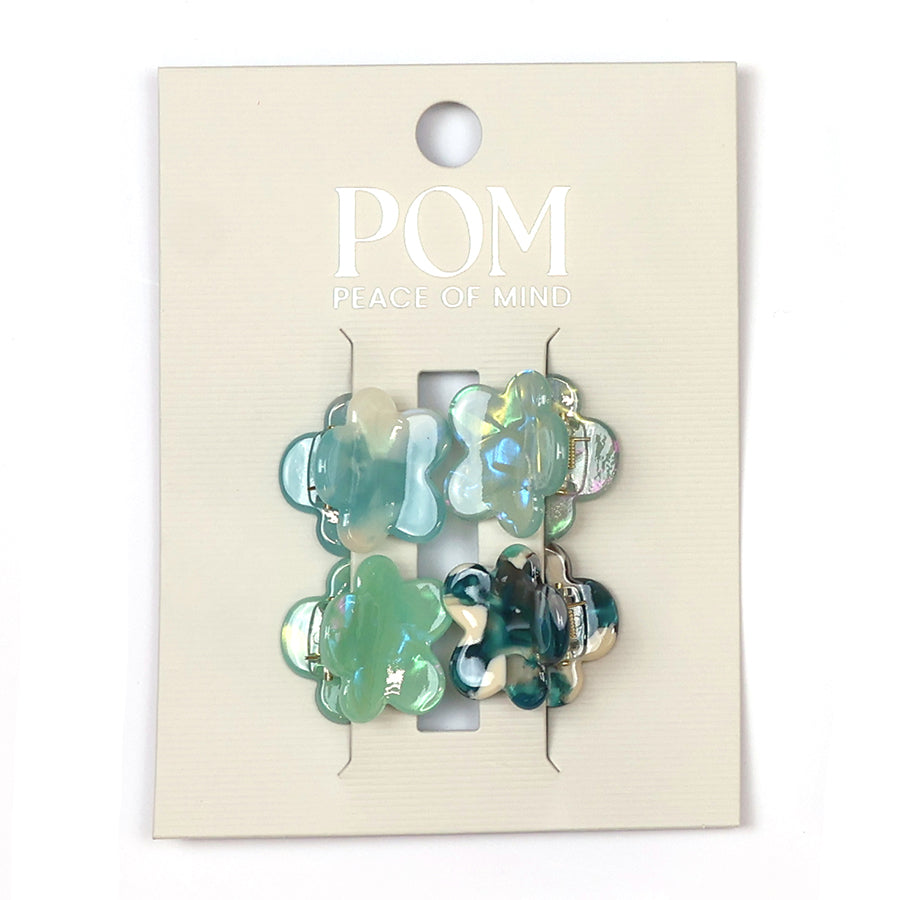 POM Aqua/turquoise mix flower mini clip 4pk