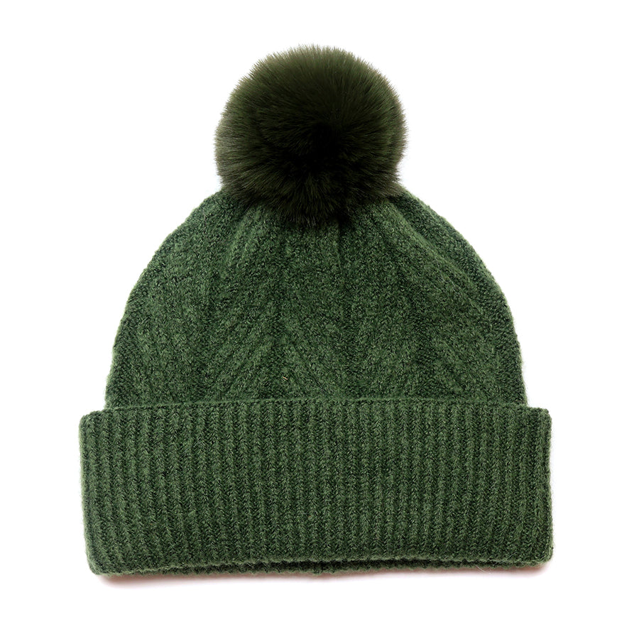 POM Charlotte Herringbone Knit Recycled Blend Bobble Hat in Moss Green