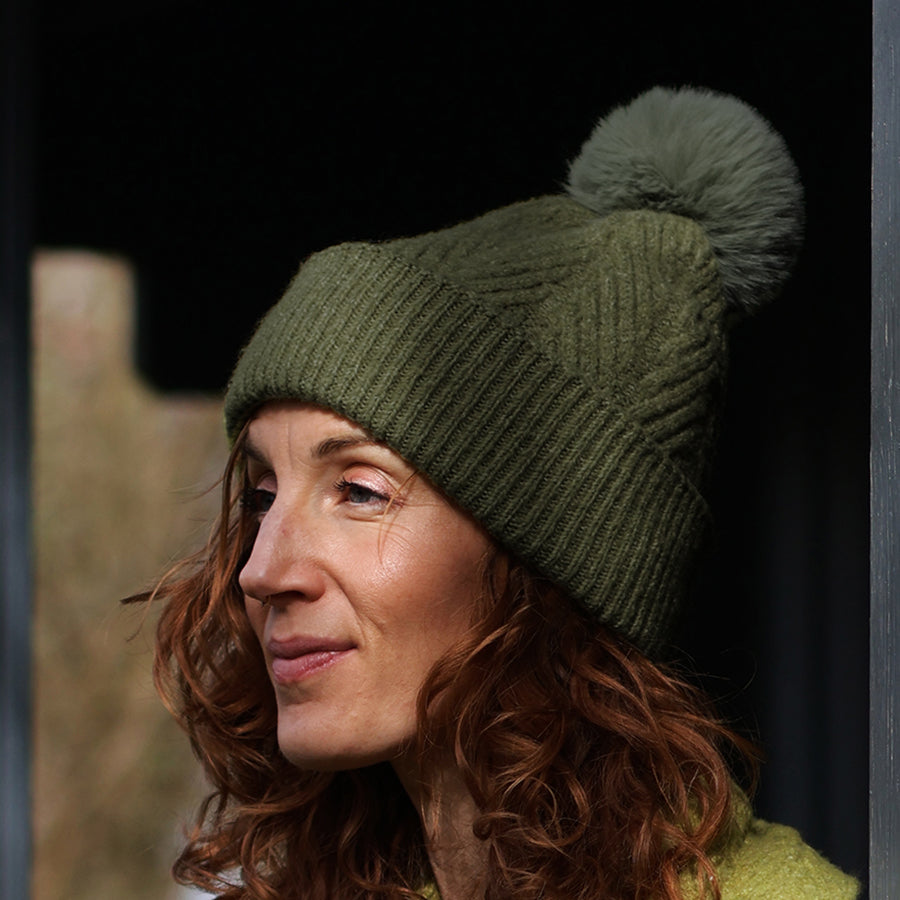 POM Charlotte Herringbone Knit Recycled Blend Bobble Hat in Moss Green