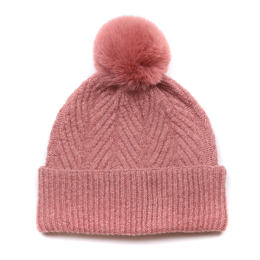 POM Charlotte Herringbone Knit Recycled Blend Bobble Hat Dusky Pink