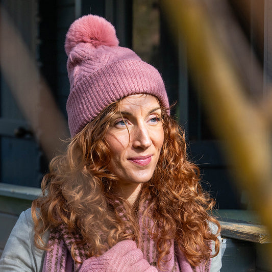 POM Charlotte Herringbone Knit Recycled Blend Bobble Hat Dusky Pink