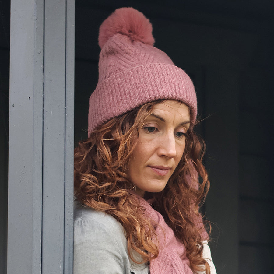 POM Charlotte Herringbone Knit Recycled Blend Bobble Hat Dusky Pink