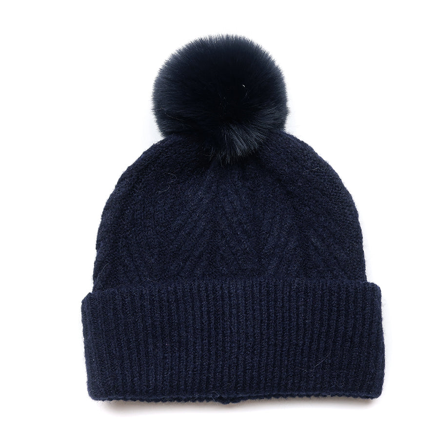 POM Charlotte Herringbone Knit Recycled Blend Bobble Hat in Navy Blue