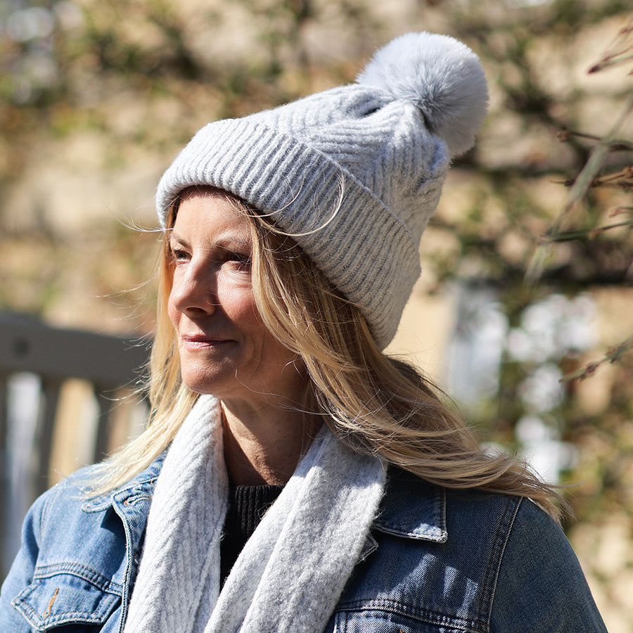 POM Charlotte Herringbone Knit Recycled Blend Bobble Hat in Soft Grey