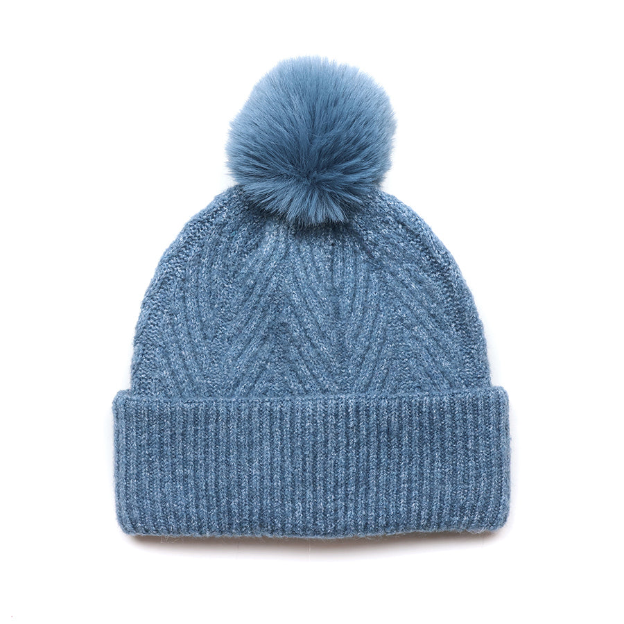 POM Charlotte Herringbone Knit Recycled Blend Bobble Hat in Dusky Blue
