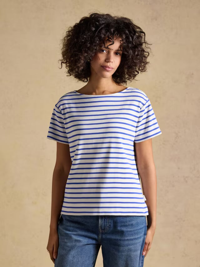 Joules Harbour Cream & Blue Short Sleeve Striped Boat Neck Long Sleeve Breton Top