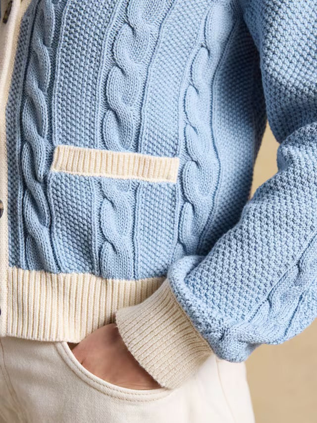 Joules Blue V-Neck Cotton Cable Knitted Cardigan