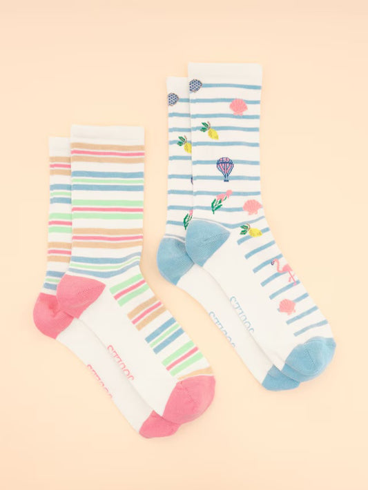 Joules Women's Everyday Cream/Blue 2 Pack Socks (size 4-8)