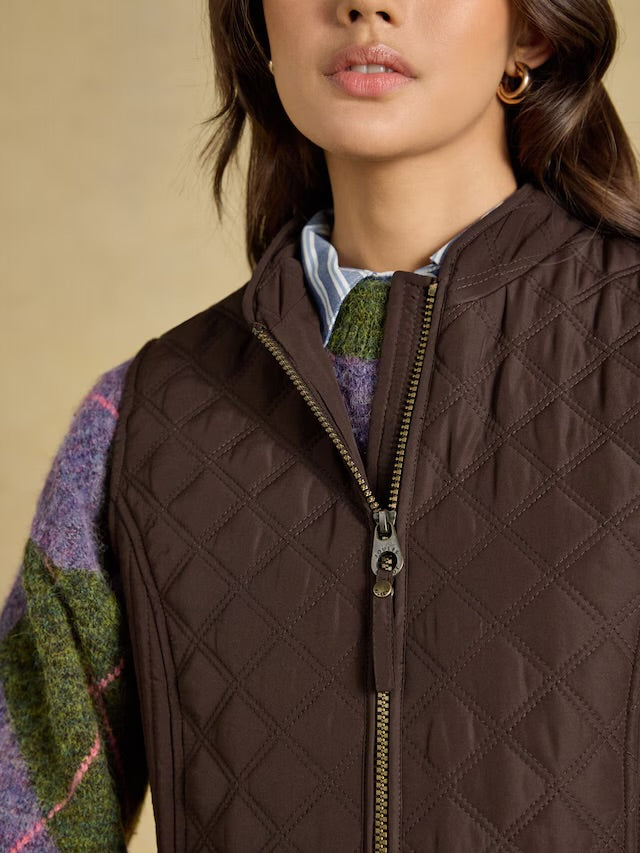 Joules Minx Chocolate Brown Showerproof Diamond Quilted Gilet