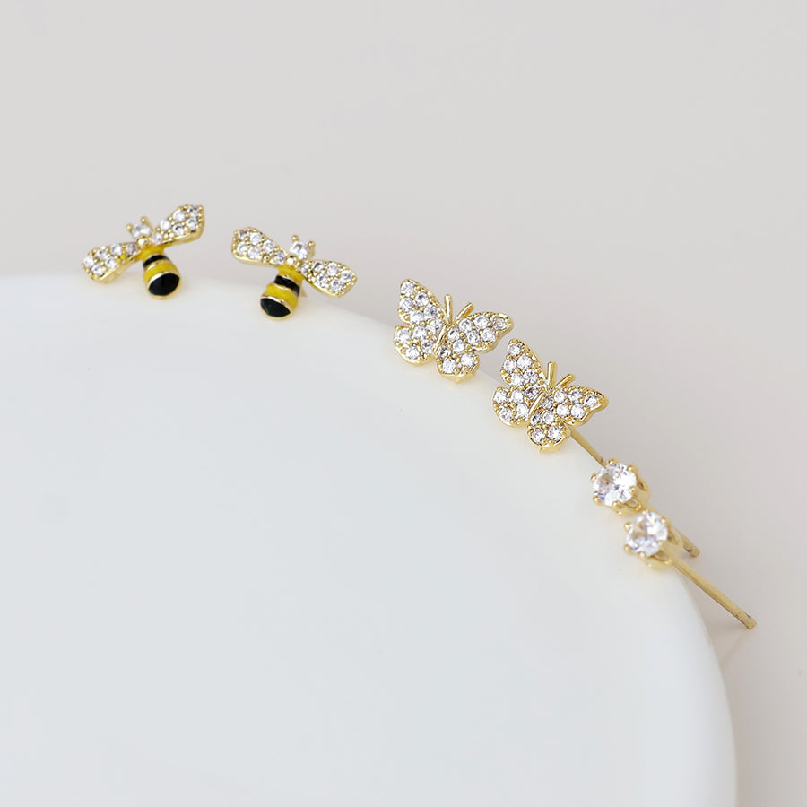 POM Golden butterfly, bee and crystal earring set