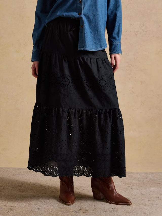 Joules Broderie Tiered Black Maxi Skirt