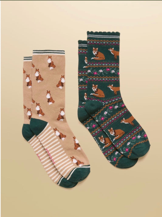 Joules Everyday Natural and Green Fox Cotton Blend Socks (two pack)