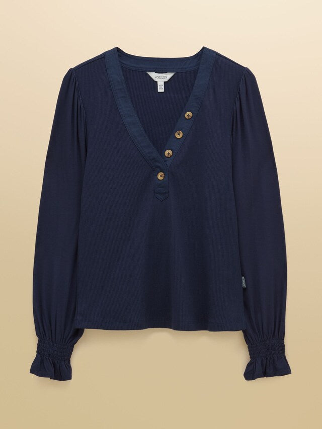 Joules Eloise Navy Ribbed Cotton Rich Jersey Top with Viscose Sleeves