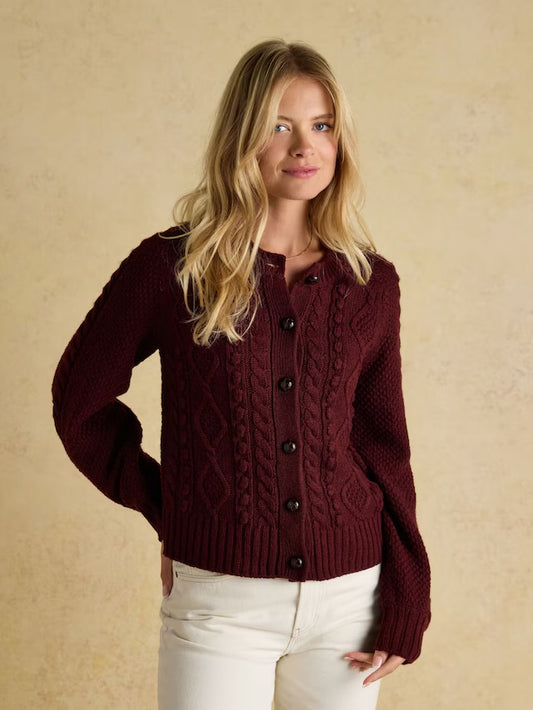 Joules Rafferty Wine Red Cable Knit Cardigan