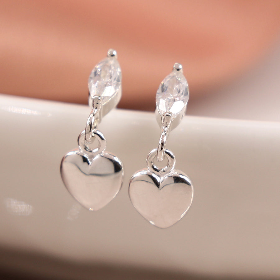 POM Sterling Silver Marquis Earrings CZ Studs with Hanging Heart Charms