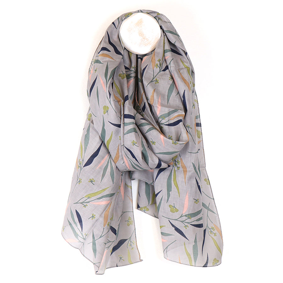 POM Grey Mix Fine Leaf Cotton Print Scarf