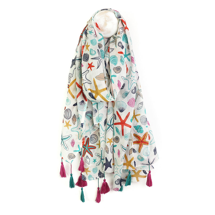 POM White Cotton Multi Starfish and Shell Print Scarf