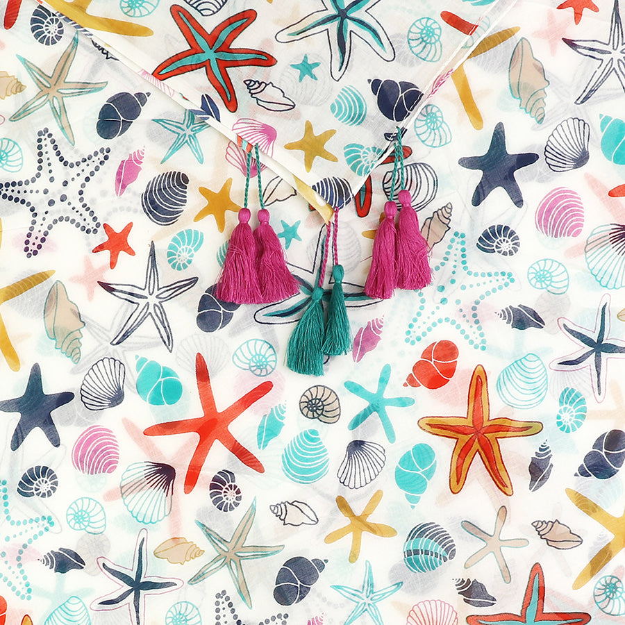 POM White Cotton Multi Starfish and Shell Print Scarf