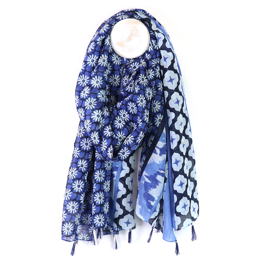 POM Blue Abstract Floral Tile Print Organic Cotton Scarf with Tassels