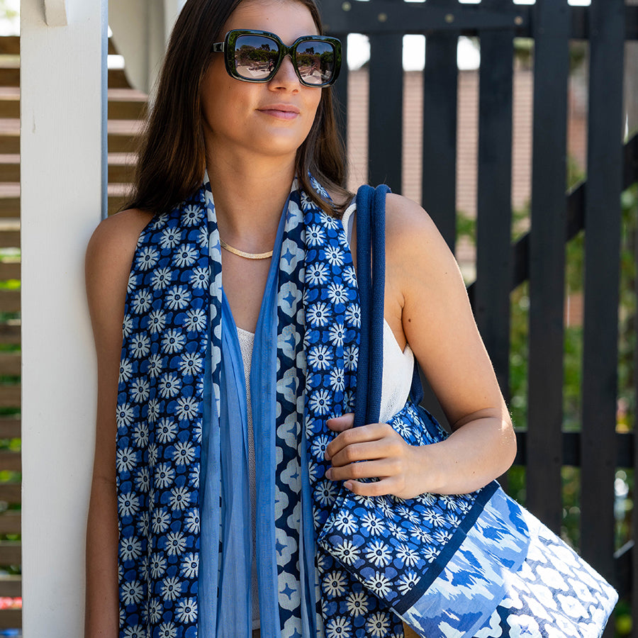 POM Blue Abstract Floral Tile Print Organic Cotton Scarf with Tassels