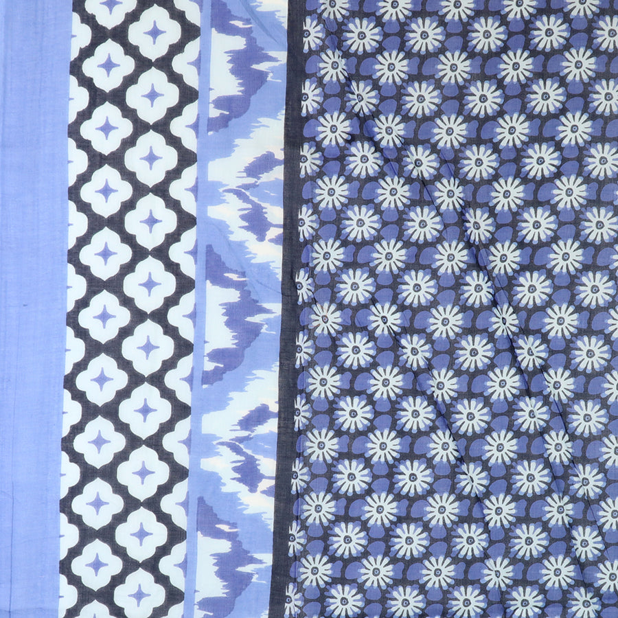 POM Blue Abstract Floral Tile Print Organic Cotton Scarf with Tassels