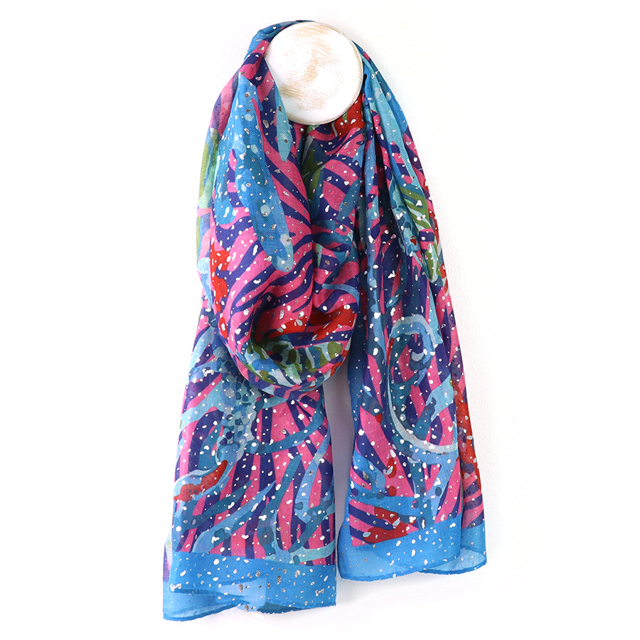 POM Recycled Blue and Pink Mix Zebra Stripe Scarf with Foil