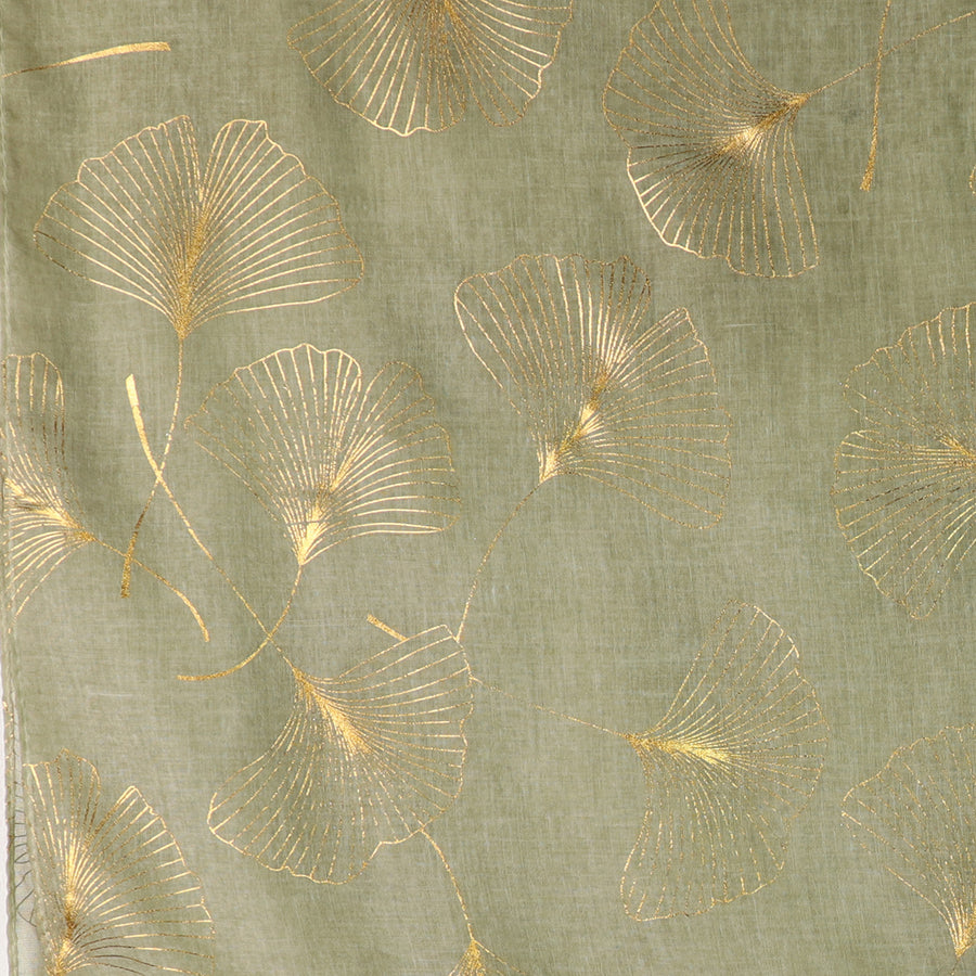 POM Recycled Olive Green and Metallic Gingko Print Scarf with Foil