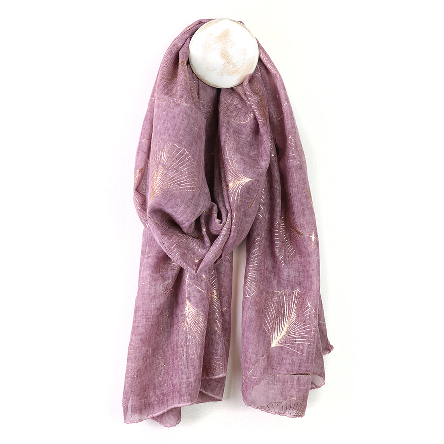 POM Recycled Soft Mauve and Metallic Gingko Print Scarf with Foil
