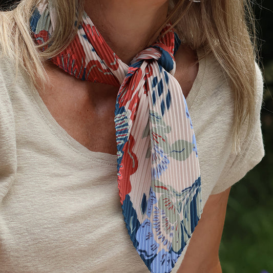 POM Recycled Red and Blue Floral Pleated Crinkle Neckerchief
