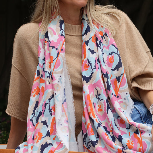 POM Recycled White and Coral Mix Abstract Print Scarf