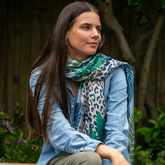 POM Recycled Blue Mix Leaf and Animal Print Scarf