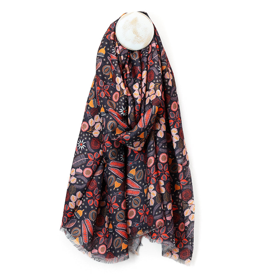 POM Heather Charcoal and Coral Mix Folksy Botanical Print Viscose Scarf