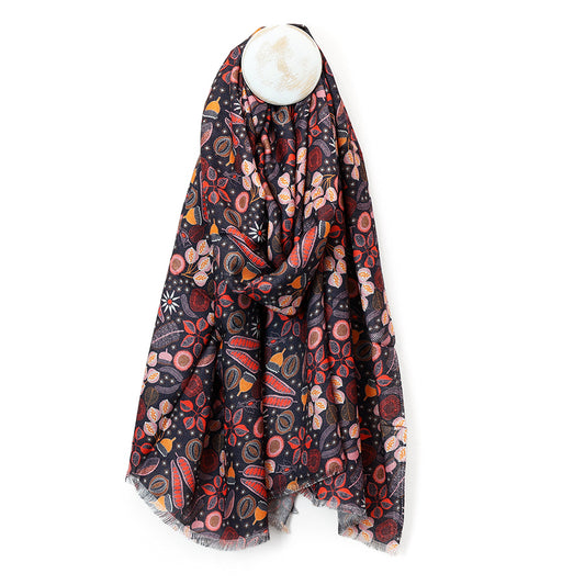POM Heather Charcoal and Coral Mix Folksy Botanical Print Viscose Scarf