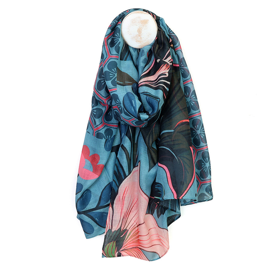 POM Hannah Teal and Pink Multi Print Recycled Blend Scarf
